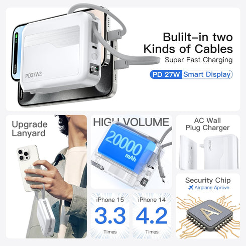 Portable Charger Built-in Cables & AC Wall Plug 20000mAh, USB C 27W Fast Charging Power Bank with LED Display, Portable Battery for iPhone 15/14/1...