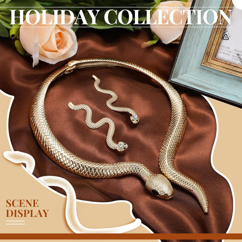 Fumete Gold Snake Choker Necklace and Snake Studs Earrings Set Snake Earrings for Woman Snake Jewelry Costume Set Costume Statement Snake Shape Co...