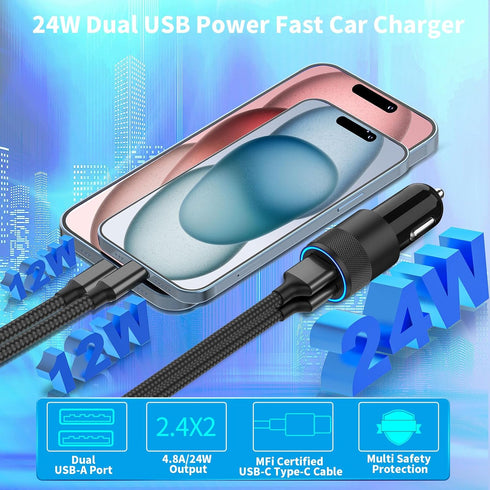 ?MFi Certified?iPhone 15 Fast Car Charger, Rombica 4.8A USB Car Power Cigarette Lighter USB-C Fast Car Charging + 2Pack Tyep-C Braided Cable for i...