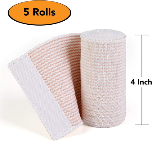 HOSPORA Latex-Free Compression Cotton Elastic Bandage, 4 Inch with Hook and Loop Closure(Pack of 5)...