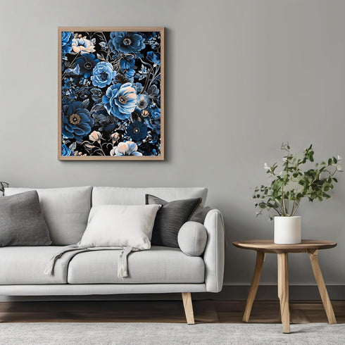 Posterizer 1 pcs-navy blue flowers with dark night sky background-Floral & Botanical Art-Abstract & Modern Art-Decor for Home & Office- UNFRAMED W...