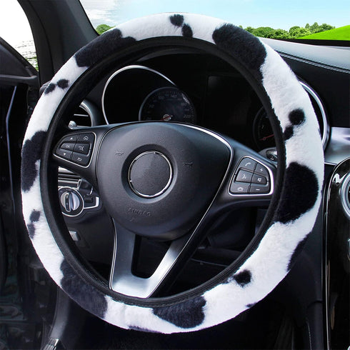 ALEMODR Cow Print Plush Steering Wheel Cover Fluffy Winter Warm Universal 15 inch for Women Girls...