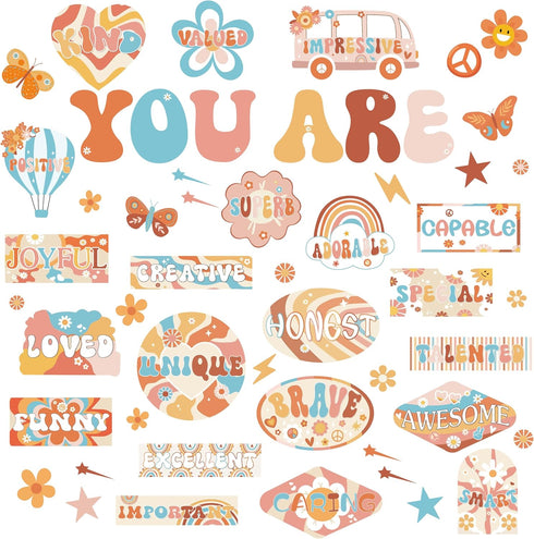 Boho Bulletin Board Decorations,Groovy Affirmation Station Bulletin Board Set,Rainbow Bulletin Board Decor for Classroom,Hippie Positive Affirmati...