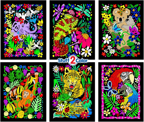 Koala, Gecko, Elephant,Monkey, Parrot, Tiger - 6 Fuzzy Velvet Posters to Color...