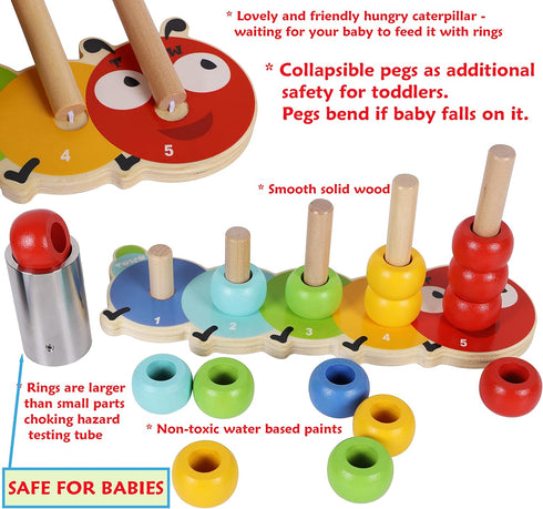 TOWO Wooden Stacking Rings Baby –Lovely Caterpillar Counting Game - Colour Sorting Puzzle - 5 Pegs Ring Stacker - Counting Rings Early Learning Wo...