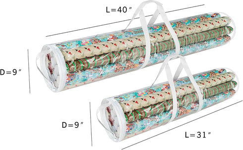 Elf Stor Gift Wrapping Paper Roll Storage Bags 31" and 40" long, Clear Totes with Handles, fits up to 25 pcs gift wrap paper roll in each bag...