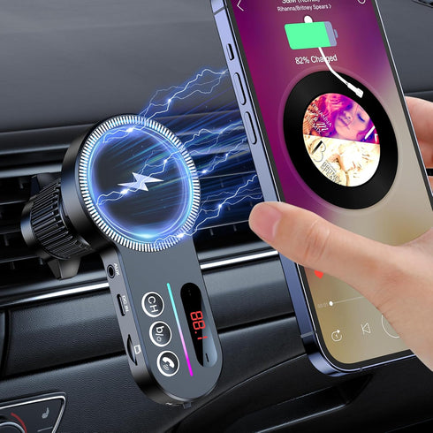 for 15W Wireless MagSafe Bluetooth 5.3 FM Transmitter - Hands-Free Calling, HiFi Bass Sound, TF/SD Card Support, LED Display, Air Vent Installatio...