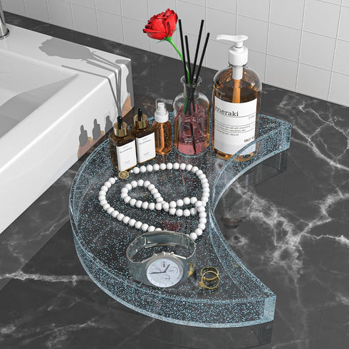 Bathroom Tray Organizer, 10'' Large Acrylic Moon-Shape Vanity Tray Jewelry Tray for Perfume Cosmetic Candle Jewelry, Clear Blue w/Glitter Durable ...