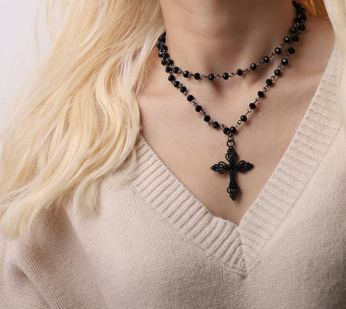 Sacina Gothic Layered Cross Necklace, Zinc Alloy Black Bead Cross Choker Necklace, Halloween Goth Jewelry Gift for Women (Layered Bead Cross)...