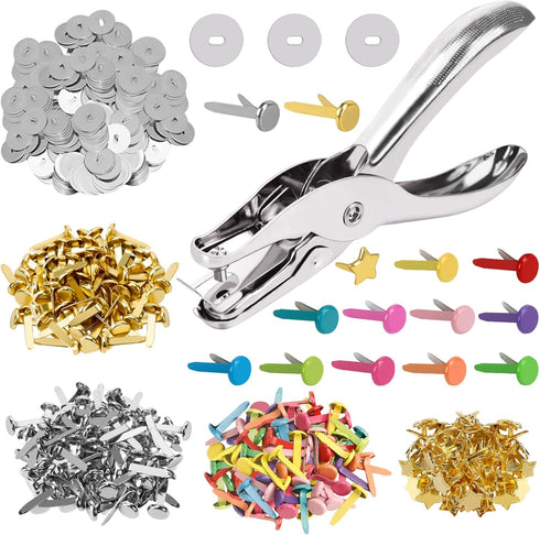 200 Pieces Paper Fasteners Brads, Multi Color Mini Brads Round Fasteners with 200 Pieces Silver Washers and Single Hole Metal Punch Pliers, Metal ...