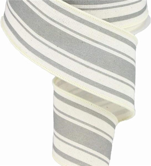 Farmhouse Stripe on Cotton Wired Edge Ribbon - 2.5 Inches x 10 Yards (Ivory, Cool Grey)...