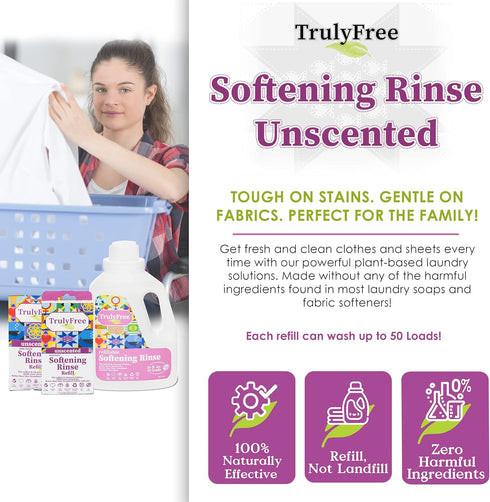 Unscented Softening Rinse, Natural Fabric Softener - Plant-Based, Non-Toxic, Safe for Babies & Kids, Includes: Empty refillable 50oz Bottle with M...