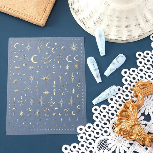 OIIKI Gold Star Moon Nail Art Stickers for Women, Girls, 3D Gold Nail Stickers, Bronzing Star Nail Decorations, Adhesive Nail Supplies for DIY Nai...