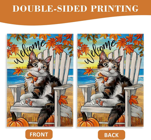 Welcome Fall Cat Beach Chair Decorative Garden Flag, Autumn Pet Coastal Maple Leaves Pumpkin Yard Outside Decorations, Thanksgiving Nautical Outdo...
