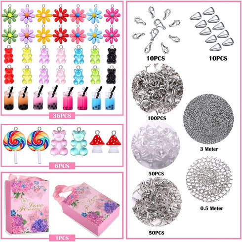 HSWE 263 PCS Charm Bracelet Making Kit,Colorful Gummy Candy Bear Milk Tea Lollipop Flower Pendant Charms Cute Funny Mushroom Earring Necklace DIY ...