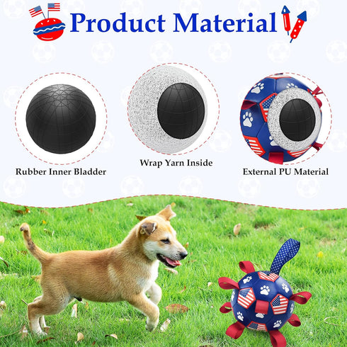 Dog Soccer Ball with Straps 4th of July Dog Toy Dog Interactive Ball Toy for Tug of War Independence Day Dog Tug Ball Toy with American Flag Patte...