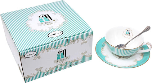 Jusalpha® Vintage Blue Bone China Teacup Coffee Cup Spoon and Saucer Set (FL-TCS01)...