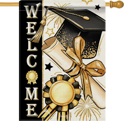 Welcome Class of 2024 Congrats Grad 28 x 40 House Flag Double Sided, Black Gold Graduation Cap Diploma Medal Garden Yard Decoration, High School C...