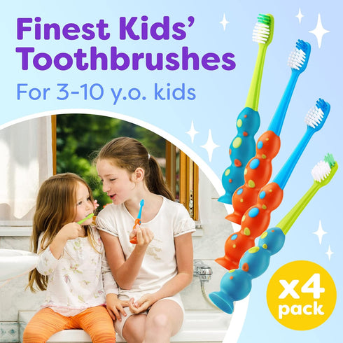 Kids Toothbrush 4 Pack - Soft Contoured Bristles - Child Sized Brush Heads (3-10 Year Old) - Suction Cup for Fun & Easy Storage - Girl & Boy Set (...