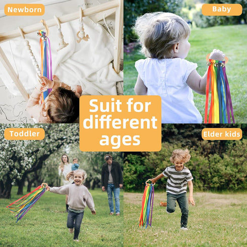 MEROCO Rainbow Hand Kite Toys Bells,Rainbow Ribbon Sensory Toy for Babies 0-6 6-12 Months Montessori Baby Toys Baby Rattle Creative Learning Waldo...