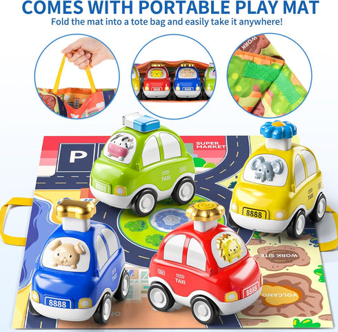 TEMI 4PCS Inertia Animal Car Toys with Play Mat/Storage Bag for Toddlers Toy Age 1-3, Baby Toys 1 2 3 Years Old Boys Birthday Newborn Gifts...