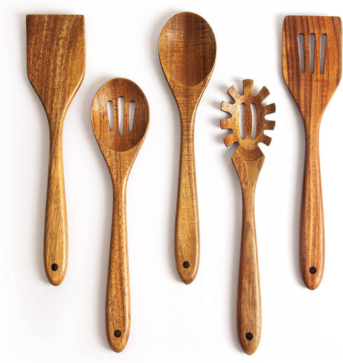 Acacia Wooden Spoons for Cooking: 5-Piece Kitchen & Cooking Utensils Set - Wooden Spatula, Slotted & Pasta Spoon - Essential Wooden Utensil Set...
