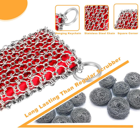 Cast Iron Scrubber, Skillet Chainmail Scrubber for Cast Iron Pan - Chain Mail Scrubber Cast Iron Sponge - Metal Scrubber Cast Iron Skillet Cleaner...