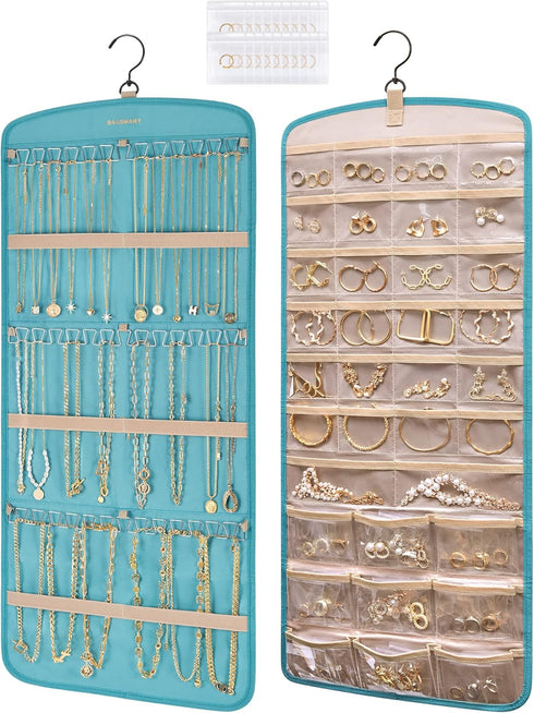 BAGSMART Hanging Jewelry Organizer, Necklace Holder Anti-tangle Earrings Rings Hanger with 20 Jewelry Bags Travel Storage Roll with Pockets Hang o...