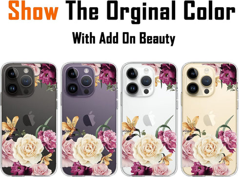 Case Compatible with iPhone 14 Pro Case, Slim Fit Crystal Clear Floral Pattern Pink Purple Flowers Design, for Girls Woman Hard Back Soft Bumper S...
