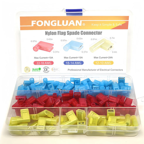 100pcs Nylon Flag Spade Female Insulated Terminals 24-10 Gauge Quick Disconnects Electrical Crimp Terminals Connector Assortment Set...