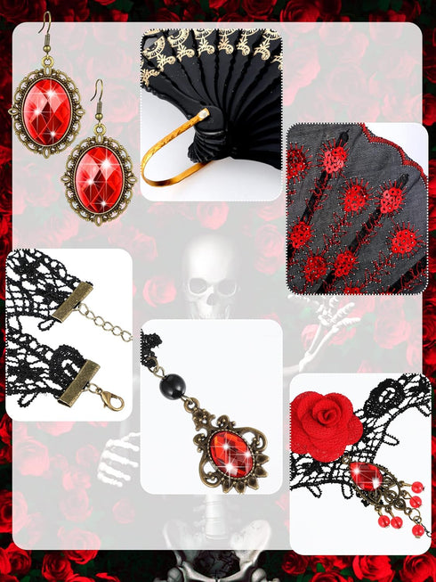 BBTO 5 Pcs Halloween Rose Flamenco Women Accessories Girl Rose Flower Hair Clip, Sequins Fabric Folding Fan, Lace Choker Necklace Bracelet Earring...