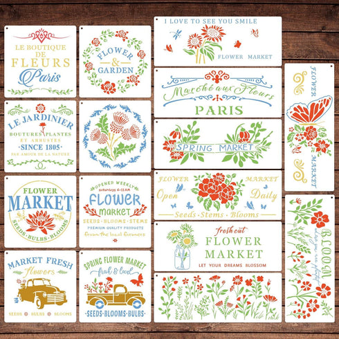 Flower Market Stencil, Large Spring Wildflower Stencils Farmhouse Stencils for Painting on Wood, Craft Template Wood Burning Stencil for Garden Ca...