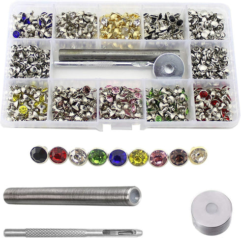 360 Sets 7mm Rhinestone Leather Rivets Kit Rapid Leathercraft Crystal Tubular Metal Studs with 3 Tools for Handmade DIY Decoration Accecssories...