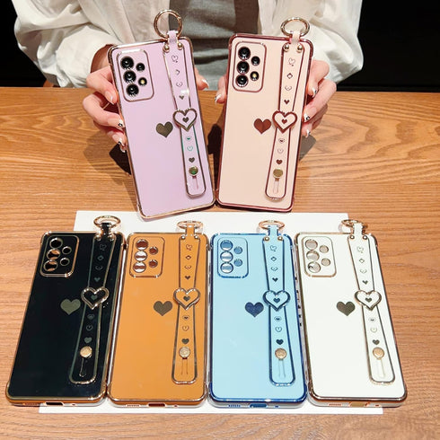 Case for Samsung Galaxy A52 Women Girl,Luxury Bling Cute Plating Hearts Soft Cover with Strap Kickstand,Full Camera Lens Protection Electroplate R...