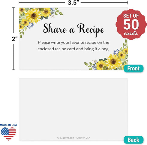 321Done Sunflower Request a Recipe Card (Set of 50) 3.5x2 White - Floral Recipe Share Insert Card for Bridal Shower Invitation, Keepsake, Heavy Ca...