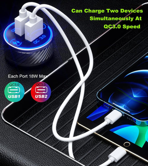 BRCOVAN Car Charger, Dual QC3.0 Port USB Car Phone Charger Adapter, 36W 3A Fast Charge with Touch Switch & Blue LED...