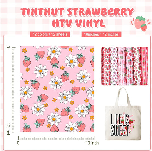 Tintnut Strawberry HTV Heat Transfer Vinyl - 10 Sheets 12 x 10 Inches Patterned HTV Vinyl for T-Shirts Red and Green HTV Iron on Vinyl for Fabrics...