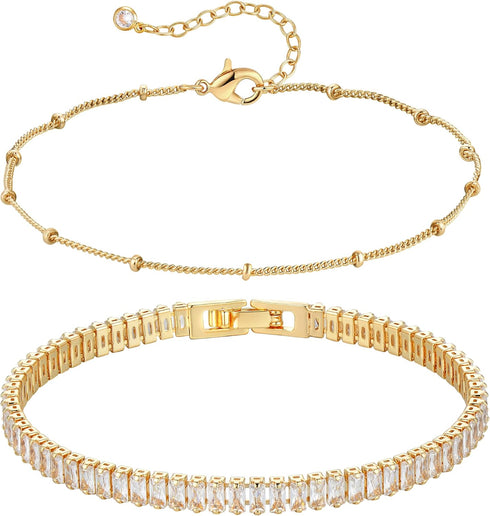 Bracelet for Women Gold Layered Set 14K Gold Filled Stackable Bracelets Trendy Figaro Satellite Chain Cuban Link Minimalist Dainty Bracelet Tennis...
