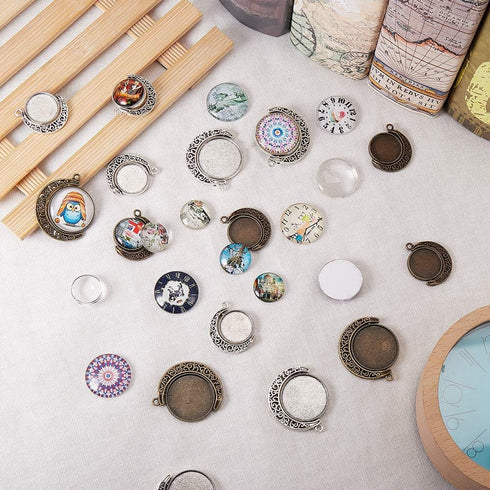 SUNNYCLUE 48pcs 2 Size Moon Rotation Double Side Pendant Tray Kit 16pcs Round Blank Bezel Pendant Trays Base Cabochon Settings with 32pcs Clear Gl...