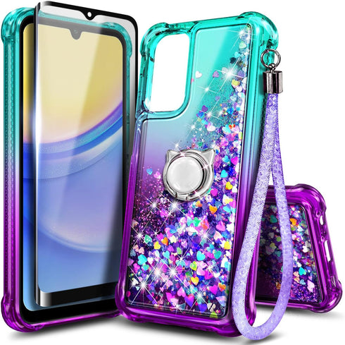 NZND Designed for Galaxy A15 Case, Samsung A15 4G/A15 5G Phone Case, Glitter Floating Liquid Waterfall Cute Case with Tempered Glass Screen Protec...