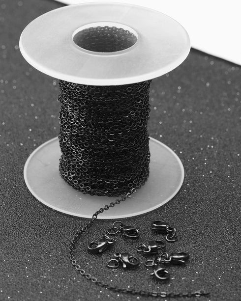33 Feet Black Stainless Steel Flat Cable Chains Link Spool Bulk with 20 Lobster Clasps and 50 Jump Rings for Pendant Necklace Jewelry DIY Making...