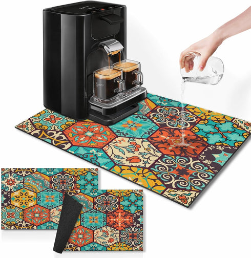 Boho Coffee Mat for Countertops, Colorful Talavera Modern Dish Drying Mat 2 Pcs for Kitchen Coffee Bar Accessories Fit Under Coffee Maker Espresso...