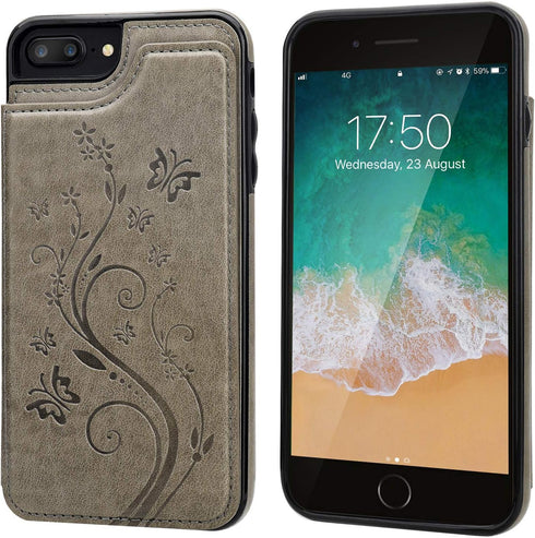 Vaburs for iPhone 7 Plus/8 Plus Case Wallet with Card Holder, Embossed Butterfly Premium PU Leather Double Magnetic Buttons Flip Shockproof Protec...