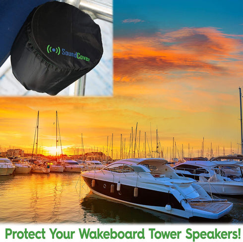 Marine Wakeboard Tower Speaker Covers for 8” Round Speakers – 210T Polyester with Silver UV Coating – Water-Resistant, Double-Stitched with Drawco...