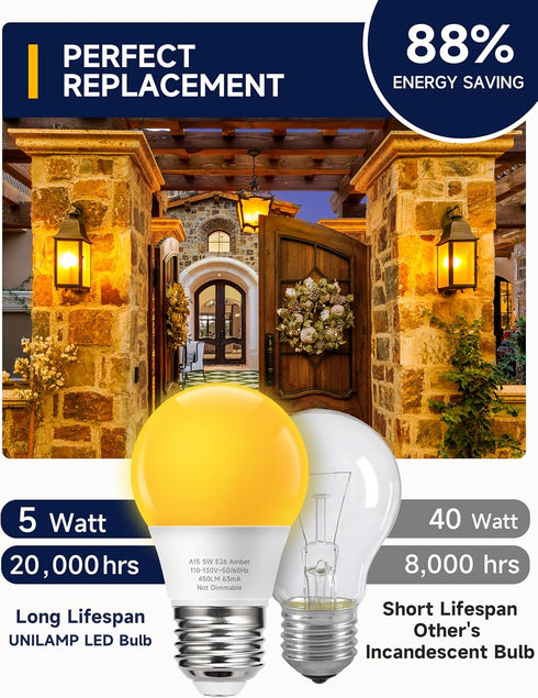 Yellow Amber Bug Light Bulbs, LED Bug Lights for Outside Porch Lights, A15 Small Amber Night Light Bulb, 5W Equivalent 40W E26 Yellow Bulbs Outdoo...