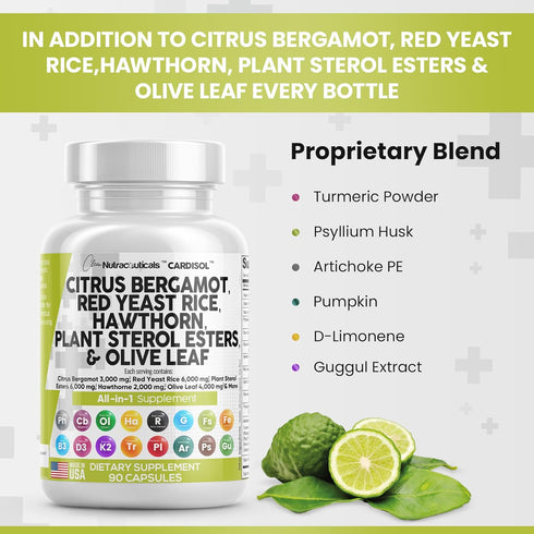 Clean Nutraceuticals Citrus Bergamot 3000mg Red Yeast Rice 6000mg Capsules with Plant Sterols 6000mg - with Hawthorn Extract Olive Leaf Niacin Vit...