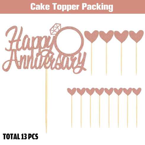 Sumerk Rose Gold Glitter Happy Anniversary Cake Topper,13PCS Cake Decorations Set for Wedding Anniversary Celebration Party...