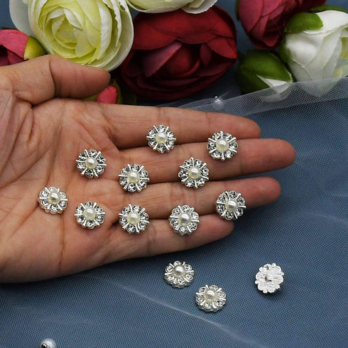50 pcs Rhinestone Pearl Buttons Accessory Decoration Set for DIY Scrapbooking Embellishments Wedding Bouquet Flower Centre Home Decor 12mm (Silver...