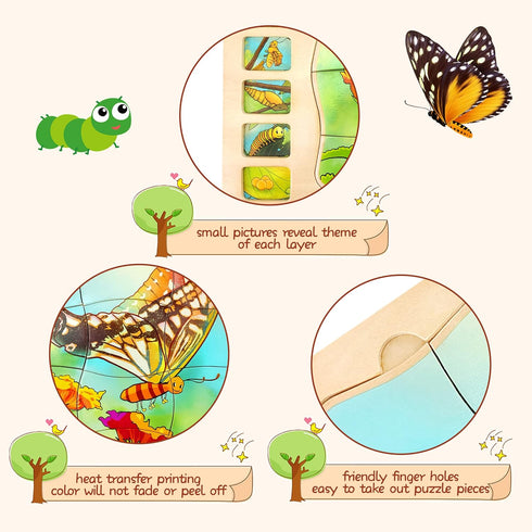 Wooden Puzzles for Kids Ages 4-8, 5 Layers Life Cycle of a Butterfly Montessori Jigsaw Puzzle for Kids, Children Preschool Learning Educational Pu...
