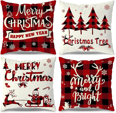 Christmas Pillow Covers 18x18 Set of 4 - Red Black Buffalo Check Plaid Decor - Indoor Outdoor Xmas Throw Pillow Cases for Sofa Couch...